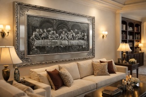 Tablou decorativ Cina cea de Taină cu ramă argintie și contur din oglindă, decor religios pentru interior.