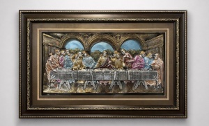 Tablou decorativ Cina cea de Taină cu ramă maro ornamentată, decor religios pentru perete