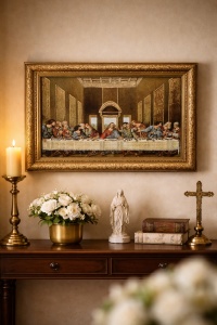 Tablou decorativ religios Cina cea de Taină, scenă clasică cu Iisus și apostolii, în ramă ornamentală