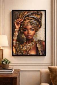 Tablou cu femeie africana purtand turban si accesorii aurii, decor modern pentru living