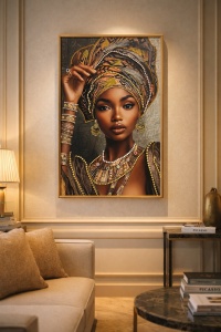 Tablou cu femeie africana purtand turban si accesorii aurii, decor modern pentru living