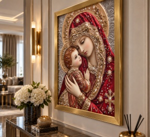 Tablou Maica Domnului cu Pruncul Iisus Hristos cu Pietricele 40x30cm - Gold - Img 3