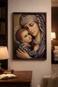 Tablou Maica Domnului cu Pruncul Iisus Hristos cu Pietricele 60x40cm