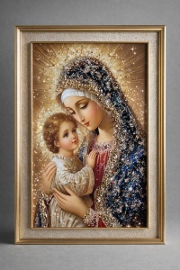 Tablou Maica Domnului cu Pruncul Iisus Hristos cu Pietricele si Sclipici 62x42cm - Gold