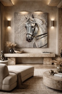 Pictură decorativă cu cal alb, tablou modern pentru living sau dormitor
