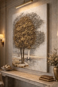 Tablou decorativ cu copac auriu lângă apă, peisaj natural calm