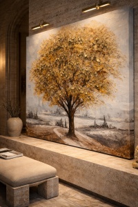 Tablou decorativ cu copac auriu si peisaj rural, pictura pe panza stil clasic