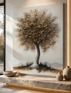 Tablou decorativ cu copac auriu solitar, pictura pe panza in nuante neutre