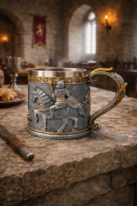Halba bere medievala cu cavaleri cana decorativa stil medieval