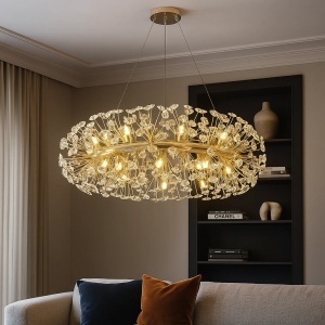 Candelabru modern auriu cu cristale în formă de flori, iluminat elegant pentru living
