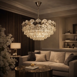 Lustră de lux cu cristale multiple și design elegant, iluminat modern pentru living spațios