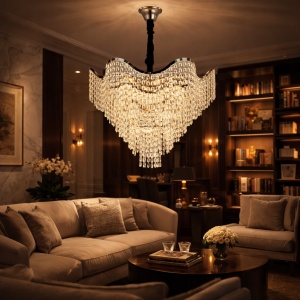 Candelabru elegant cu cristale dispuse în formă de cascade și margini ondulate, perfect pentru livinguri rafinate
