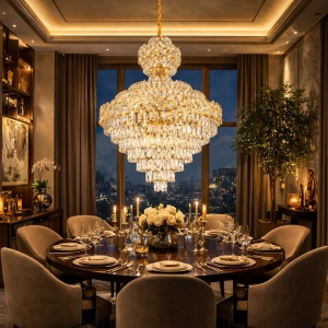 Lustra eleganta cu cristale pentru living, stil luxury si finisaj auriu
