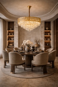 Candelabru elegant auriu cu cristale tip picătură, design în trepte pentru iluminat de lux