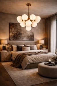 Lustră modernă aurie cu globuri opal rotunde, design tip cluster pentru iluminat decorativ elegant
