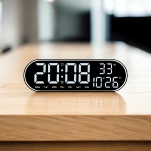 Ceas digital cu afișaj LED, telecomandă, temperatură, dată și ziua săptămânii, montaj pe perete sau pe masă, design modern