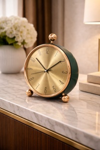 Ceas de masă verde cu finisaj auriu și design modern elegant