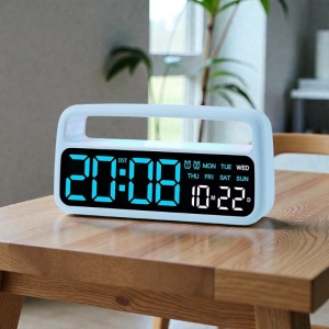 Ceas digital cu afișaj LED albastru, oră și dată, iluminare ambientală superioară cu culori schimbabile, design modern pentru interior