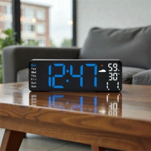 Ceas digital de birou cu afișaj LED mare, culoare albastra, oră, dată și temperatură,umiditate design modern pentru interior