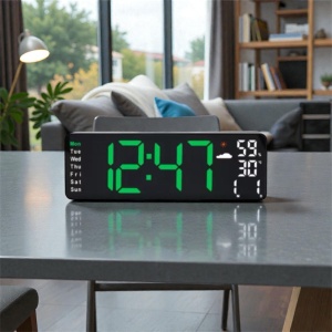 Ceas digital de birou cu afișaj LED mare, culoare verde, oră, dată și temperatură,umiditate design modern pentru interior