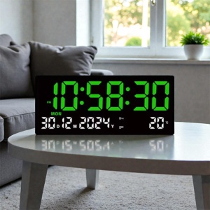 Ceas digital de birou cu afișaj LED mare, culoare verde, oră, dată și temperatură, design modern pentru interior