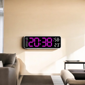 Ceas digital cu afișaj LED roz, umiditate, temperatură și ziua săptămânii, pentru masă sau perete, design modern