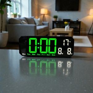 Ceas digital cu afișaj LED și colțuri teșite, temperatură, dată și ziua săptămânii, design modern pentru interior