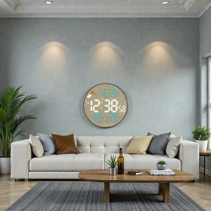 Ceas digital rotund cu afișaj LED, efect lemn, temperatură, umiditate, dată și prognoză meteo, design modern pentru interior.