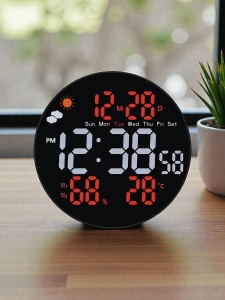 Ceas digital rotund cu afișaj LED, temperatură, umiditate, dată și prognoză meteo, design modern pentru interior.