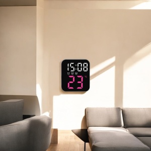 Ceas digital cu afișaj LED, temperatură și alarme multiple, pentru perete sau masă, design modern compact