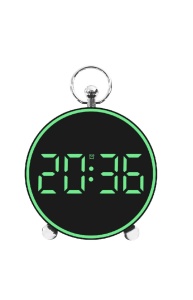 Ceas digital rotund cu afișaj LED verde și design modern, ideal pentru birou sau dormitor