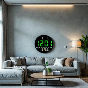 Ceas digital rotund cu afișaj LED verde, temperatură, umiditate și ziua săptămânii, design modern pentru interior.
