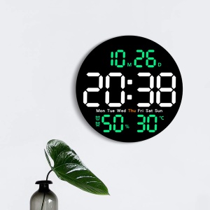 Ceas digital rotund de perete cu afișaj LED, cu telecomandă, dată, temperatură și umiditate, design modern