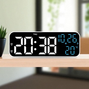 Ceas digital electronic cu afișaj LED alb, funcții dată, ziua săptămânii și temperatură, ideal pentru birou