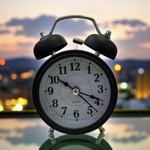 ceas de masă negru cu dublu clopot metalic, design retro elegant, cifre negre mari și alarma, ideal pentru dormitor sau birou
