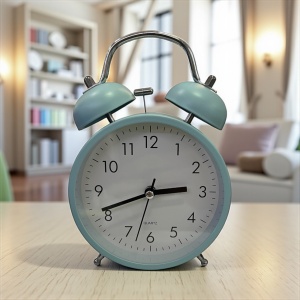 ceas de masă albastru cu dublu clopot metalic, design retro elegant, cifre negre mari și alarma, ideal pentru dormitor sau birou