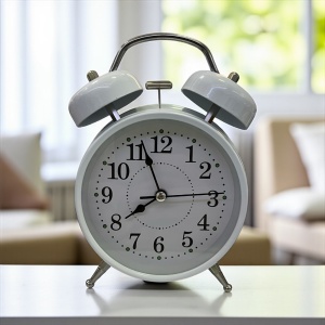ceas de masă alb cu dublu clopot metalic, design retro elegant, cifre negre mari și alarma, ideal pentru dormitor sau birou