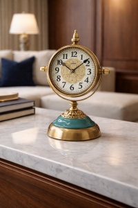 Ceas de masă vintage cu bază turcoaz și finisaj auriu, design clasic elegant