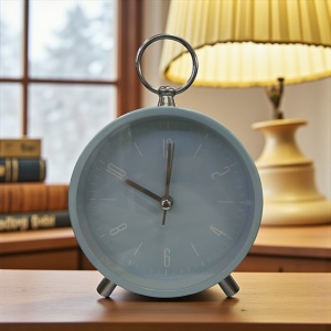 ceas de masă albastru cu design minimalist și suport metalic , cu alarma