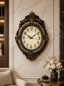 Ceas de perete elegant cu rama ornamentala antichizata si cifre clasice