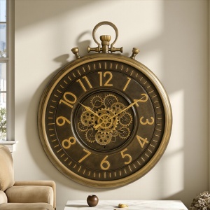 ceas de perete vintage bronz cu mecanisme functionale rotative, design retro industrial