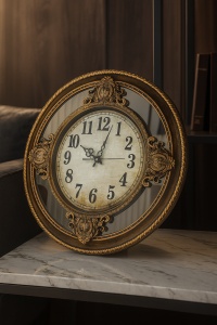 Ceas de perete vintage rotund auriu cu oglindă laterală