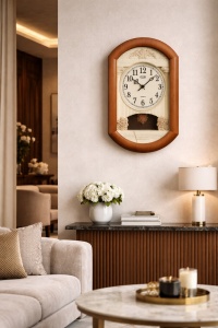 Ceas de perete vintage cu pendul decorativ, design clasic cu cadran mare și detalii elegante pentru decor interior