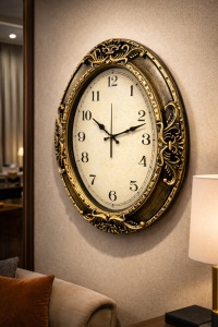 Ceas de perete oval cu design ornamental, cifre clasice și ramă decorativă elegantă
