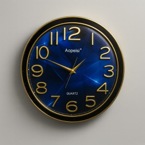 Ceas de perete rotund cu cadran albastru și cifre aurii, ideal pentru living modern sau birou elegant