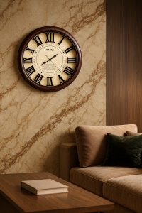 Ceas de perete Baoli cu design vintage, cifre romane mari și ramă maro închis, ideal pentru decor clasic în living, birou sau hol.