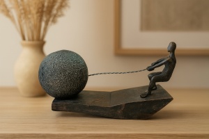 Figurină decorativă din rășină, cu design abstract, reprezentând o siluetă umană care trage un glob masiv cu lanț. O piesă artistică ce exprimă forța, efortul și determinarea.