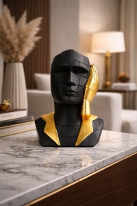 Statueta decorativa bust abstract negru cu detalii aurii, figurina moderna pentru living