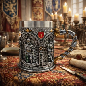 Cana decorativa medievala cu cavaleri si arcada gotica, model vintage argintiu
