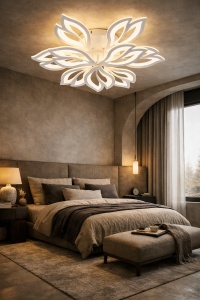 Lustră LED modernă albă, cu design floral suprapus și iluminare caldă difuză